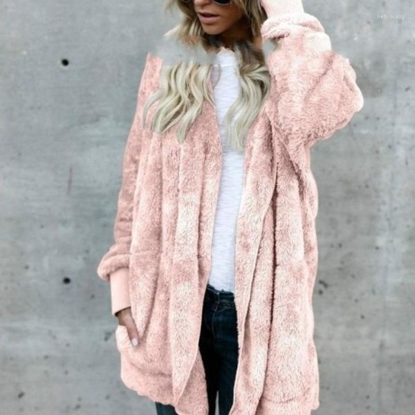 Cardigan de pele feminina outono e inverno sólido reunindo com capuz rosca de manga comprida casaco de comprimento médio moda casual solto topos