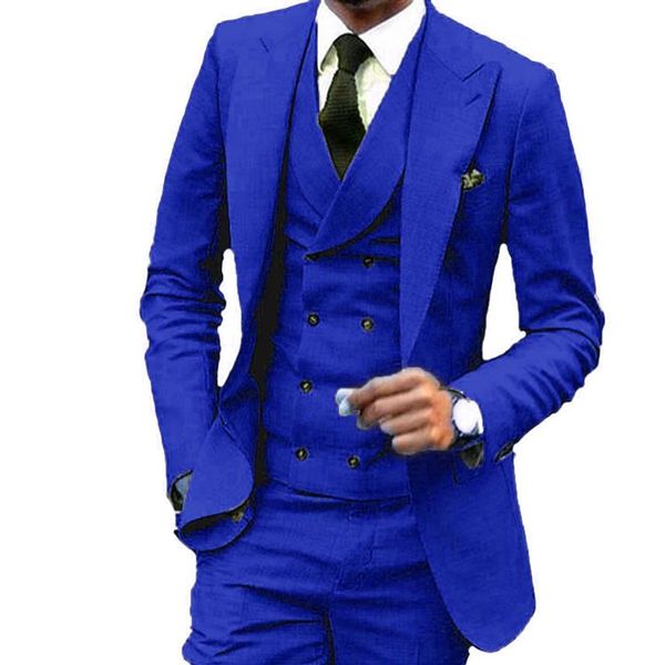 Индивидуальный дизайн, королевский синий костюм из 3 предметов, мужские свадебные смокинги, отличные смокинги для жениха, мужские деловые костюмы для выпускного вечера, пиджак, брюки, галстук261B
