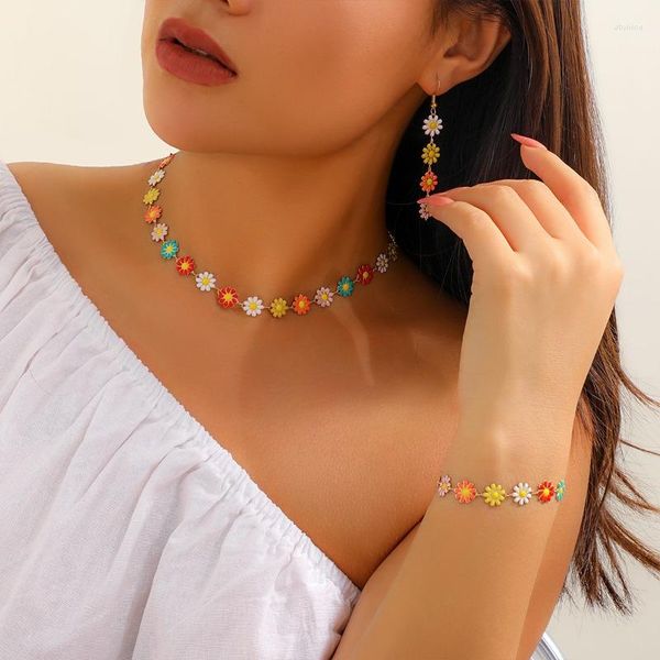 Correntes coloridas margarida flor brincos pulseira colar para mulheres meninas cor dourada delicada doce conjunto de jóias presentes