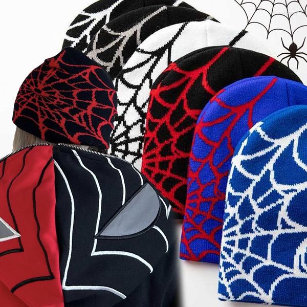 Berets tricô gorros chapéus unissex y2k casual aranha web jacquard padrão chapéu inverno quente crânio bonés gótico parágrafo streetwear