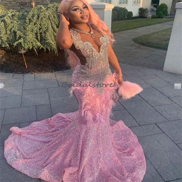 Aso Ebie Lantejoulas Rosa Vestido de Baile Para Meninas Negras Com Penas Strass Frisado Vestidos de Noite Pageant Formal Luxo Árabe Dubai Vestidos De Noche Robes De Soiree