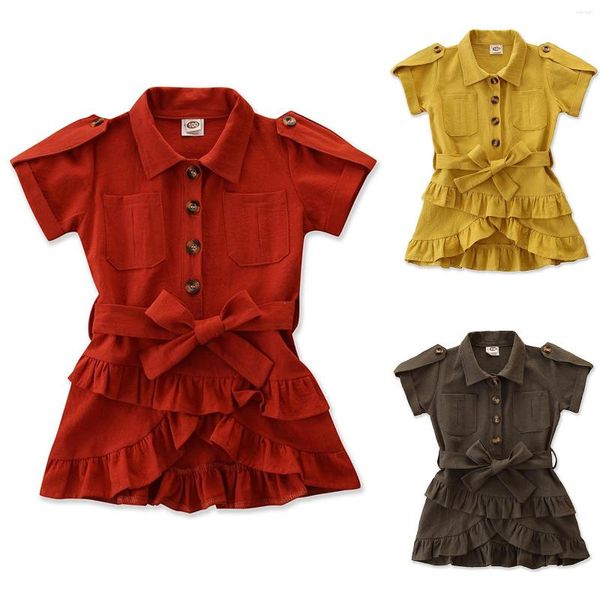 Vestidos da menina da criança vestido de botão verão cor sólida bebê plissado multicamadas babados respirável elegante casual meninas roupas