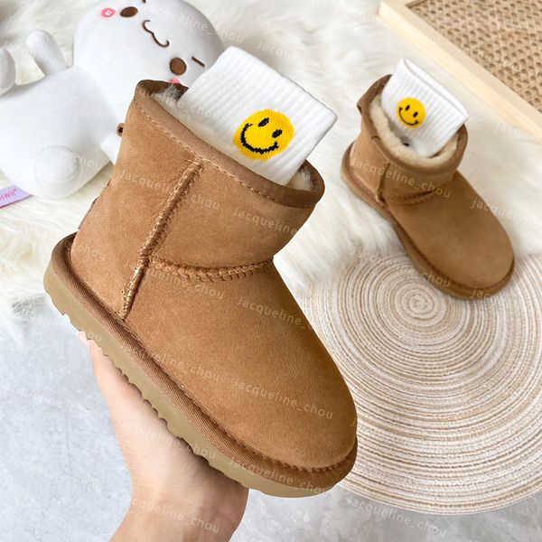 Australische Kinderstiefel aus echtem Leder, Plüsch, Kinder-Schneestiefel, Designer-Australien-Ultra-Mini-Winterfellstiefeletten, flache Absätze, Mädchenschuhe, Kastanienbraun, Größe 25–34