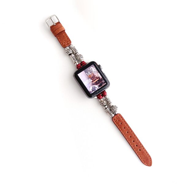 Lederarmband für Apple Watch Band Tibetsilber Armbandkette Iwatch 9 8 7 6 5 3 Ultra 38mm 40mm 41mm 42mm 44mm 45mm 49mm Metallarmband Ersatzzubehör