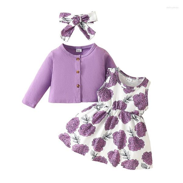 Set di abbigliamento Set da bambina Cappotto a maniche lunghe in tinta unita Abito stampato senza maniche Abito per bambini da 6 mesi a 3 anni