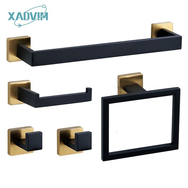 Conjunto acessório de banho preto ouro banheiro conjunto de hardware montagem na parede de aço inoxidável barra de toalha suporte de papel robe gancho acessórios de banheiro conjunto 230920