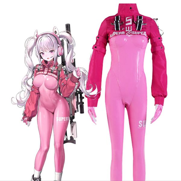 Catsuit Kostüme Spiel Nikke Alice Cosplay Kostüm Perücke Schuhe Sexy Latex Catsuit Body Rosa Overall Jacke Anzug Für Frauen Mädchen