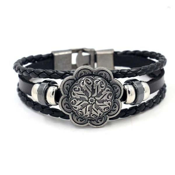 Strand Viking Rune Sun Flower Bracciale in pelle intrecciata fatta a mano multistrato Bracciale vintage da uomo, moda casual, accessorio per gioielli Chian a mano