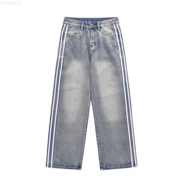 High Street Washed Old Sticker Fabric Ribbon bestickte Jeans, Unisex-Modemarke Loose Wide Leg Straight Pants1ise