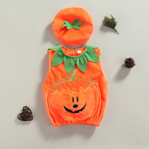 Set di abbigliamento 2 pezzi Neonati maschi Vestiti autunnali di Halloween Zucca arancione ricamo Modello senza maniche Canotte e berretto a forma di vestito 230919