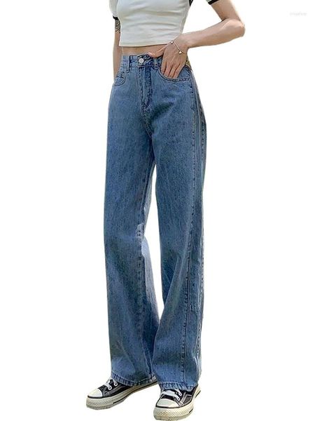 Jeans da donna Harajuku Vintage Blu gamba larga a vita alta Primavera Autunno Pantaloni cargo larghi slim fit All-match Denim dritto