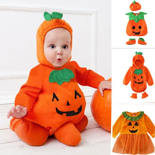 Set di abbigliamento Cosplay Halloween Tuta Bambino Bambini Zucca Pagliaccetto Ragazze Vestito Carino Con cappuccio Tuta da festa Vestiti per bambini 230919