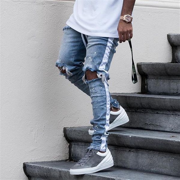 Neue Herren Hip Hop Ripped Jeans 2018 Destroyed Hole Skinny Biker Jeans Weiße Streifennähte Reißverschluss verziert Schwarz Hellblau Deni340f