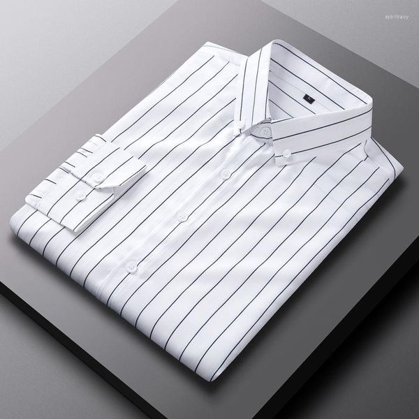 Camicie eleganti da uomo 2023 Pendolarismo estivo Minimalista Risvolto Patchwork a righe Tasca con bottoni Camicia a maniche lunghe da ufficio aderente ed elegante