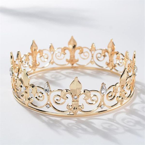Corone e diademi in metallo per uomo Royal Full King Crown Prom Cappelli per feste Costume Cosplay Accessori per capelli Clip in oro Barrettes268H