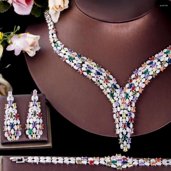 Halskette Ohrringe Set BJBs Zirkone schwere kubische Zirkonstein Arbeit Multikolen großer arabischer Dubai Brautschmuck Luxus Hochzeitszubehör