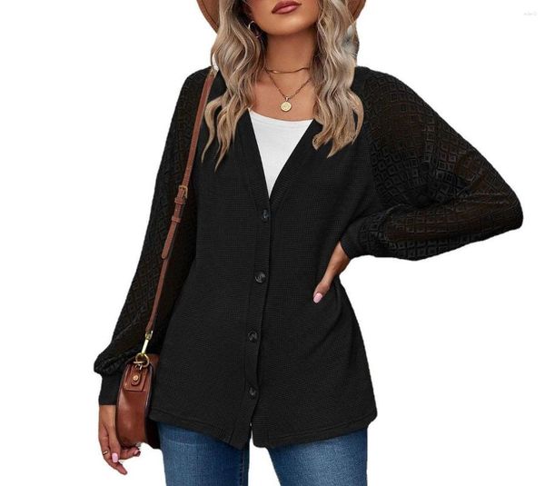 Jaquetas femininas jaqueta para mulheres outono e inverno manga comprida cor sólida botão solto renda emenda cardigan blusa