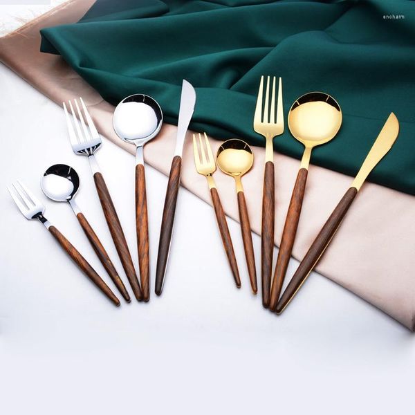 Geschirr-Sets, japanische Steakmesser, Edelstahl-Imitation, Holzgriff, Gabel, Löffel, Dessert, Obst, Kaffee, Getränk, Mischen