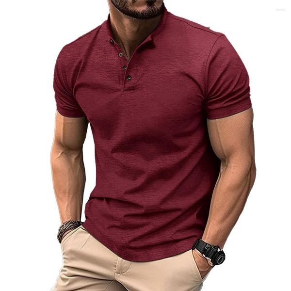 Homens camisetas Verão Mens Casual Botão Collar Manga Curta Tops T-shirt Sólidos Esportes Fit Padrão Macio Camisa Ocidental