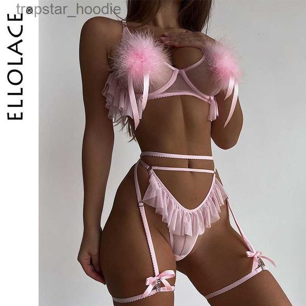 Set sexy Ellolace Lingerie sexy con piume Rosa chiaro con volant Perizoma vuoto Sissy Abiti erotici Set senza cuciture Donna 3 pezzi Fata Intimo L230920