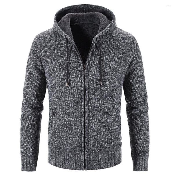 Suéter masculino outono inverno quente pele grossa forrada com capuz slim fit zip up casaco jaqueta moletom sólido malha masculina