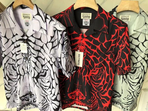 Homens camisetas 23ss estilo havaí praia wacko maria camisa verão alta qualidade tigre impressão completa lapela para homens mulheres berserk