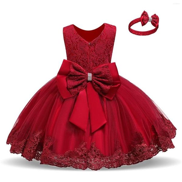 Mädchenkleider, Baby-Mädchen, Spitze, Schleife, Prinzessin, Hochzeit, formelles Tutu-Kleid mit Stirnband-Ärmeln für kurze Ärmel