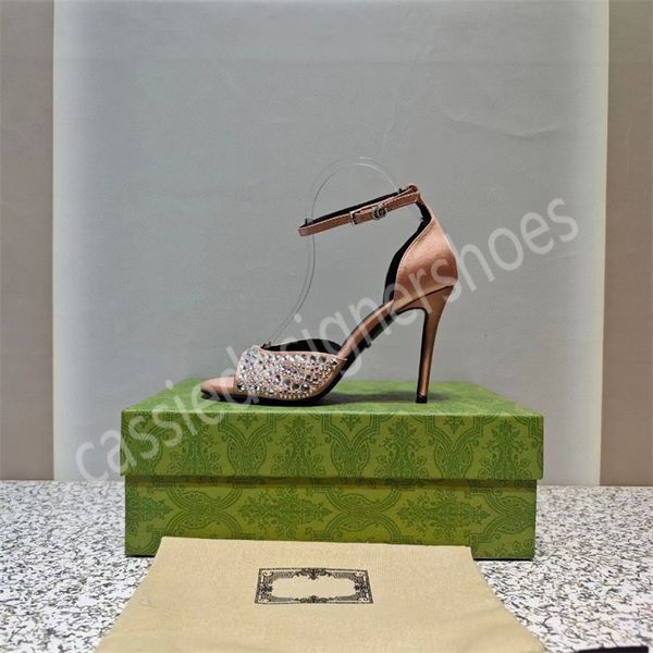 Sandali da donna con strass Sandali di marca di moda da donna in pelle tonda Scarpe estive con punta aperta Designer da donna Abito da passerella nero con tacco a spillo Tacchi alti da festa Nuove calzature