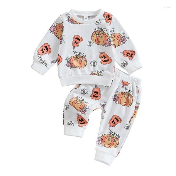 Ensembles de vêtements Halloween 0-3 ans pour petites filles, pantalons à manches longues, col ras du cou, sweat-shirt imprimé, hauts citrouille florale