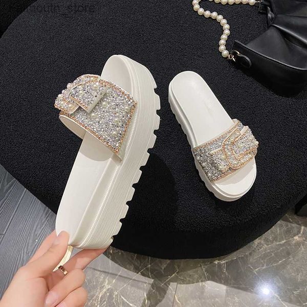 Terlik İnci Boncuk Platformu Kadın Terlik Bowknot Crystal Flip Flops Kalın Alt Yüksek Topuklu Slaytlar Ayakkabı Kadın Sandalet Büyük Boyut 43 Q230920