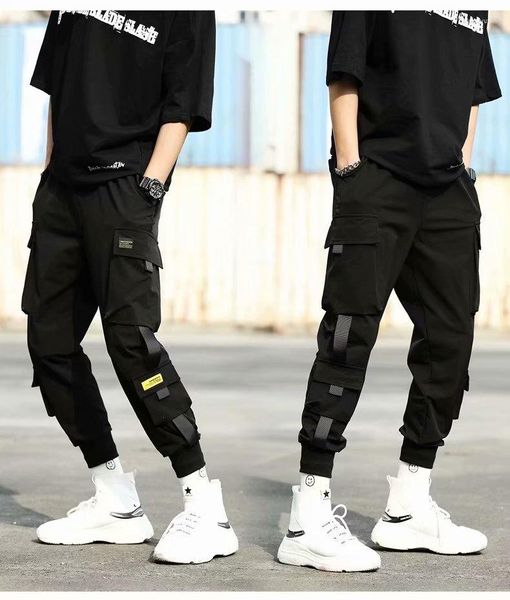 Calças masculinas moda roupas streetwear cintura elástica harem calças de algodão masculino casual solto jogger fitas homens pant