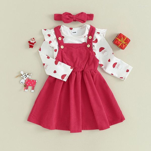 Kleidungssets Baby Mädchen Weihnachtskleidung Weihnachtsmann-Druck Langarm-Strampler und Cord-Hosenträger Kleid Stirnband Herbst-Outfit