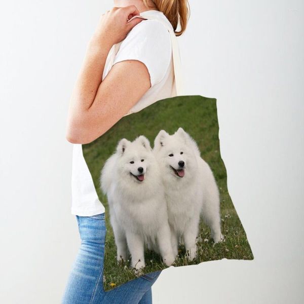 Borse per la spesa Borsa casual per cani Samoiedo bianco carino Animale da compagnia adorabile Borsa a tracolla riutilizzabile in tela ecologica su entrambi i lati