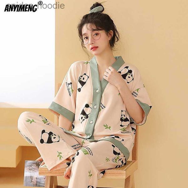 Damen Schlaf Lounge Damen Kleidung M-5XL Sommer Baumwolle Panda Pyjama Lässig Kurzarm Kimono Cardigan Nachtwäsche Cartoon Nachtwäsche Frau Loungewear L230920