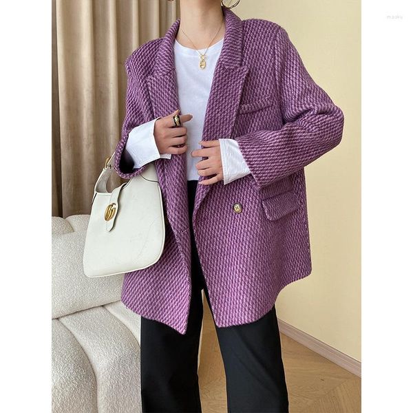 Ternos femininos texturizados corte vertical silhueta blazer oversized jaqueta roxo verde lã dupla face casaco outono inverno