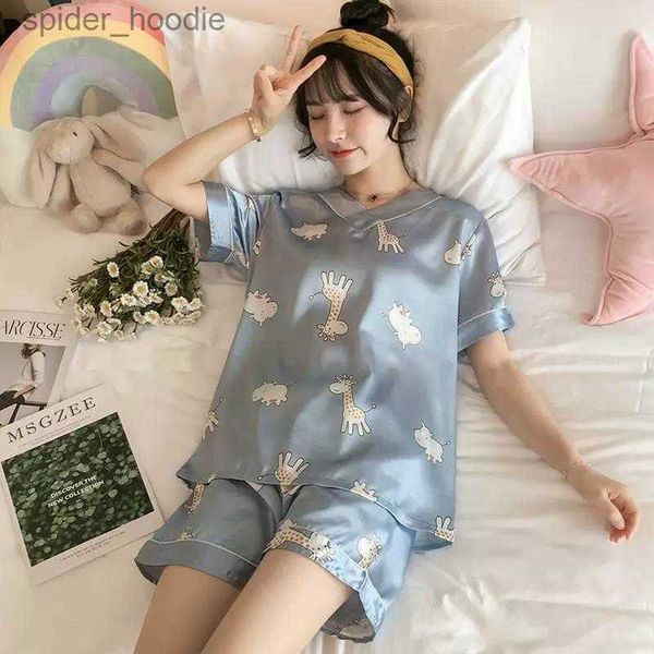 Женская пижама для сна в Корейском стиле, летний шелковый пижамный комплект для женщин, нижнее белье в стиле каваи, пижамы M-2XL, домашняя одежда для женщин, шорты, пижамы для девочек, L230920