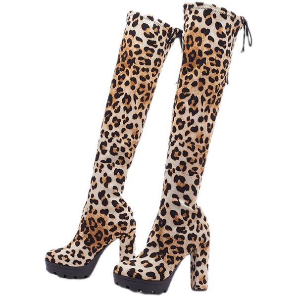 Stivali lunghi per le donne sopra il ginocchio con nodo a farfalla PU 12 cm tacchi alti quadrati stampa leopardata scarpe moda nero 230920