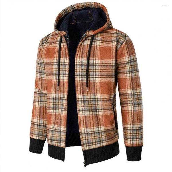 Männer Jacken Herbst Winter Frauen Mit Kapuze Reißverschluss Verschluss Plaid Print Kordelzug Dicke Strickjacke Taschen Pullover Mäntel Für Männer Chaquetas