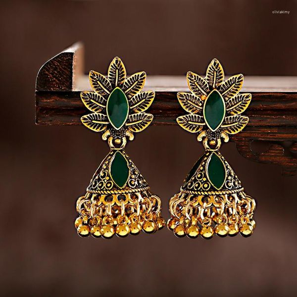 Dangle Küpeler Antik Etnik Kadınlar Jhumka Küpe Afgan Çingene Takı Boho Altın Renk Yaprak Oyma Çan Püskül Damlalar