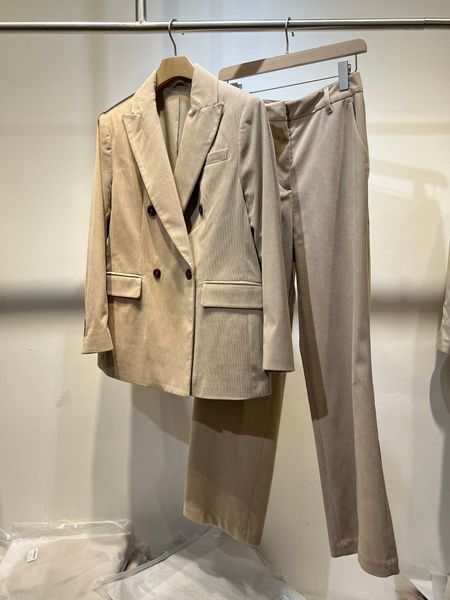 Damenanzüge, Blazer, Anzughosen, Set aus Baumwollcord, langärmlig, Blazer, weiblich, lässig, lockere Passform, weites Bein, Hose 230920