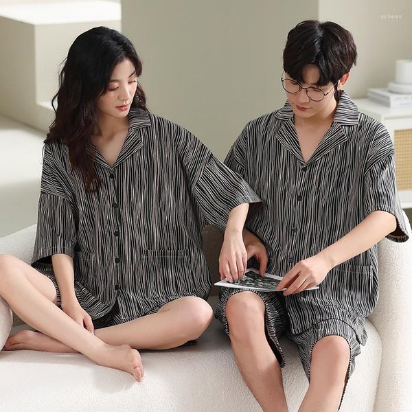 Conjuntos de pijama de algodão de verão dos homens cardigan topos imprimir calças curtas mulheres dos desenhos animados pijamas casais loungewear amante pijama masculino