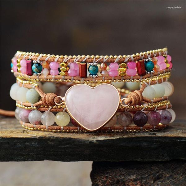 Strang Boho Naturstein Perlen Perlen Wickelarmbänder Rosenquarz Liebe Herz Charm 3 Stränge Armband Frauen