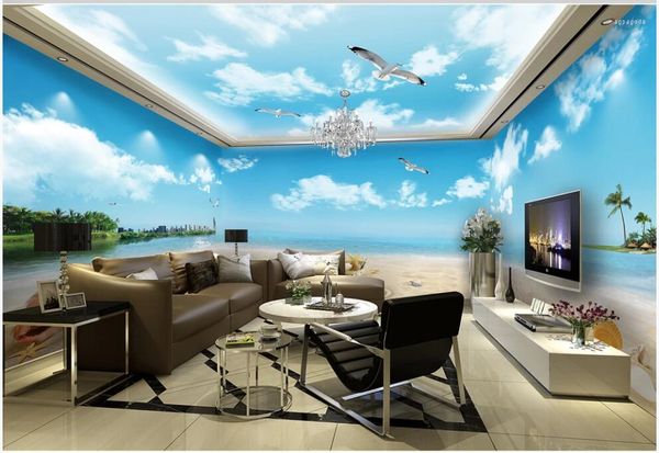 Wallpapers personalizado po 3d papel de parede céu azul e nuvens brancas romântico praia cenário casa completa decoração quarto para parede 3 d