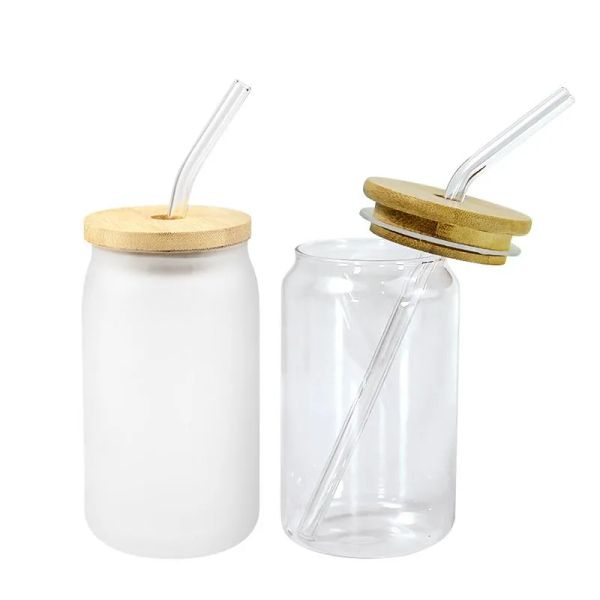 EUA / CA Armazém Local 16oz Sublimação Blanks Cola Can Tumbler Copos de Vidro Transparente Frasco Fosco Canecas de Boca Larga Cerveja Copos de Chá Gelado Copo com Tampa de Bambu e Canudos 0920