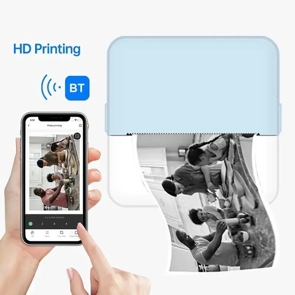 Impressora de bolso Impressoras térmicas sem fio com 1 rolo de papel de impressão, impressora portátil sem tinta para iPhone, mini impressora de adesivos compatível com IOS