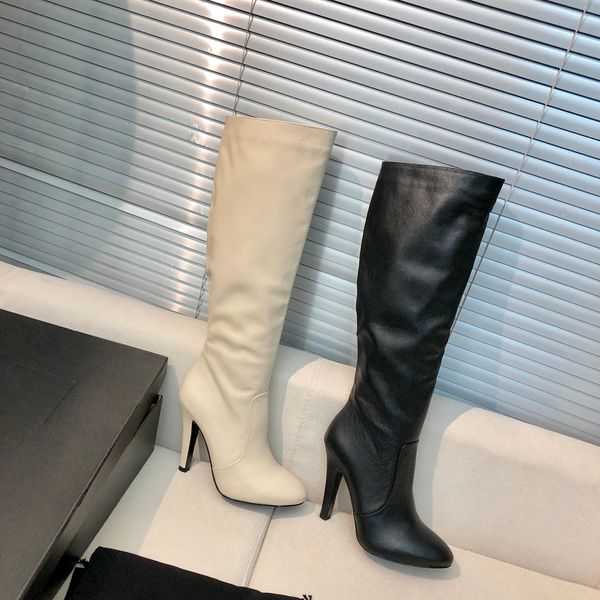 Botas de joelho-comprimento saltos stiletto moda alta higi boot amêndoa toe designers de luxo bezerro couro mulheres sapatos fábrica calçado com caixa