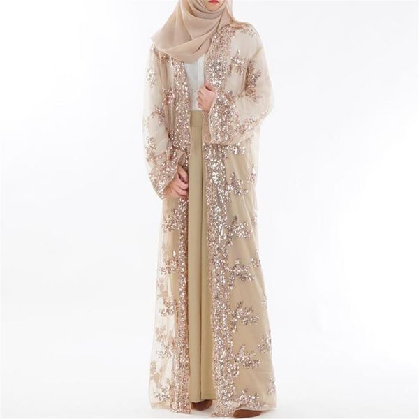 Moda feminina lantejoulas bordado renda perspectiva abaya muçulmano feminino longo cardigan chiffon blusa turco roupas islâmicas a8702869