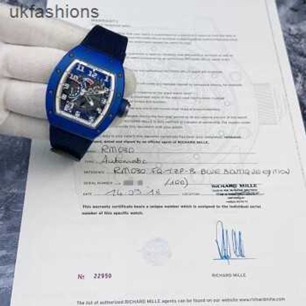Relógios de pulso Richarmilles Tourbillon Tactical Relógios de pulso RM Relógios RM030 Fq Francês Fr Edição Limitada 100 peças de material cerâmico azul Ransparenta Ut HBS8