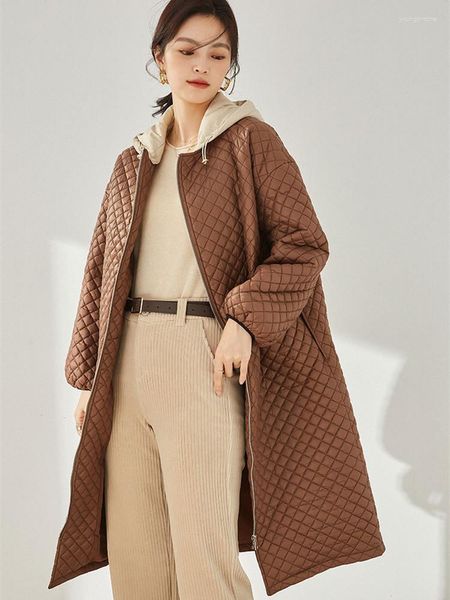 Damen-Trenchmäntel AIGYPTOS Frauen Herbst Winter Parkas Mantel Koreanische Abnehmbare Kapuze Gepolsterte Jacke Rautenmuster Lange Oberbekleidung Argyle