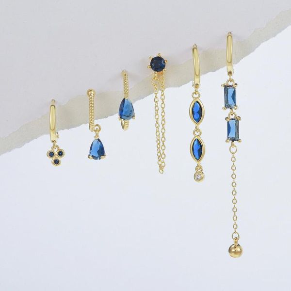Orecchini pendenti S925 Argento ago nappa blu zircone orecchino per le donne Vintage micro intarsiato catena lunga fibbia orecchio set gioielli di moda